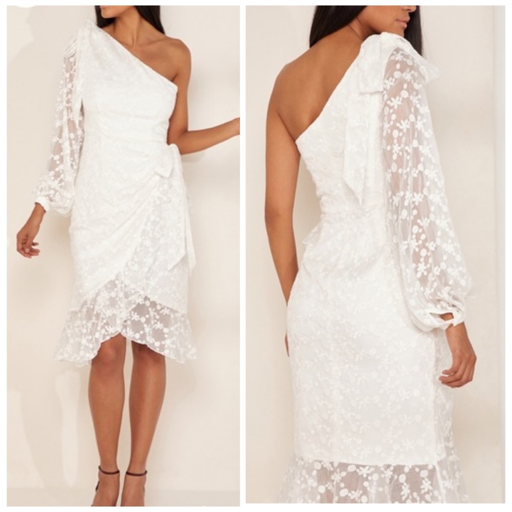 Keepsake The Label White Lace One Shoulder Ruffle Dress XS Retrospect Wedding‎
